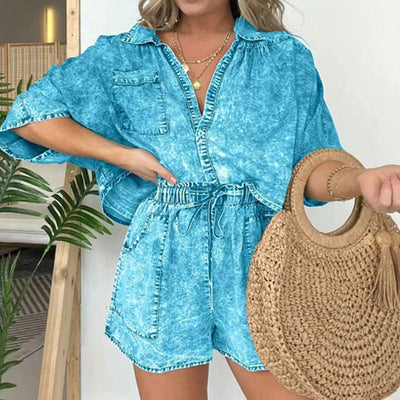 Women's Summer Denim Shirt Set Stylish Two Piece Outfit