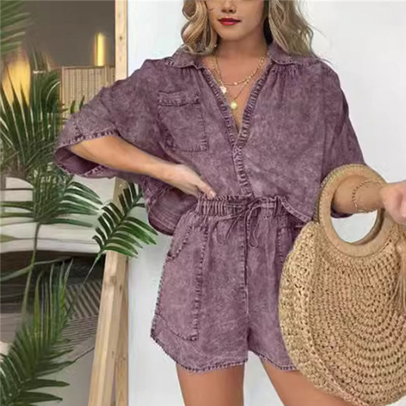 Women's Summer Denim Shirt Set Stylish Two Piece Outfit