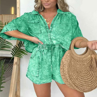 Women's Summer Denim Shirt Set Stylish Two Piece Outfit