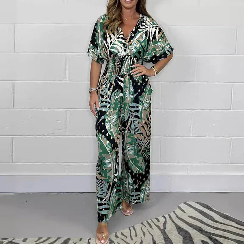 Plus Size Summer Bodysuit Women Leaf Print Elastic Waist