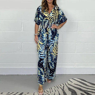 Plus Size Summer Bodysuit Women Leaf Print Elastic Waist