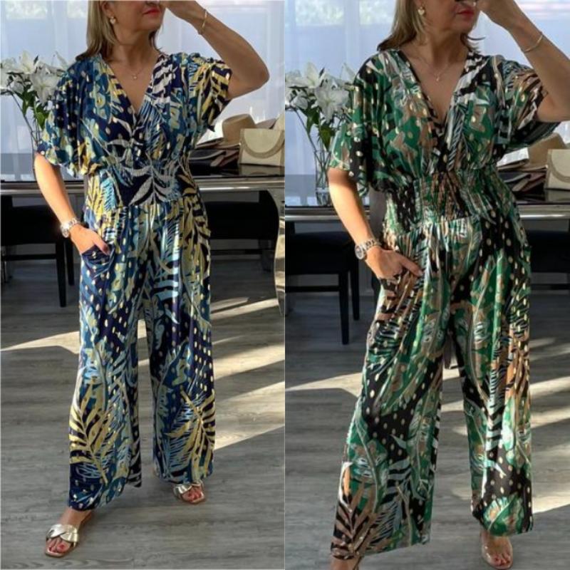 Plus Size Summer Bodysuit Women Leaf Print Elastic Waist