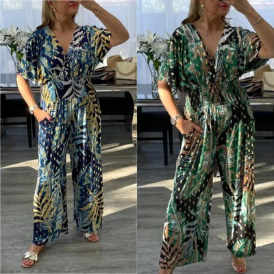 Plus Size Summer Bodysuit Women Leaf Print Elastic Waist