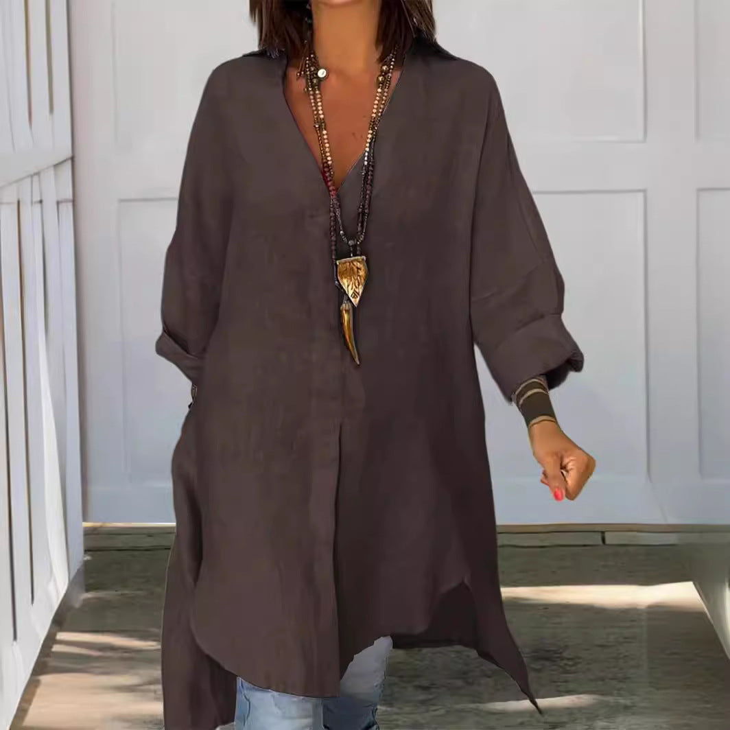 Summer Casual Cotton Linen V Neck Shirt Lightweight Breathable