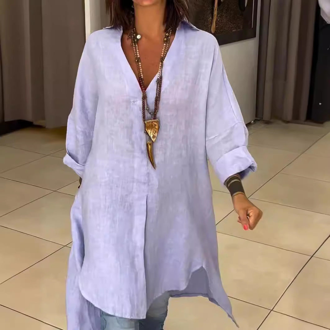 Summer Casual Cotton Linen V Neck Shirt Lightweight Breathable