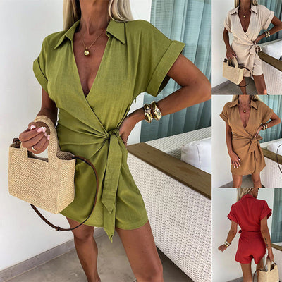 Women's Cotton Linen Jumpsuit V Neck Lightweight Breathable Elegant