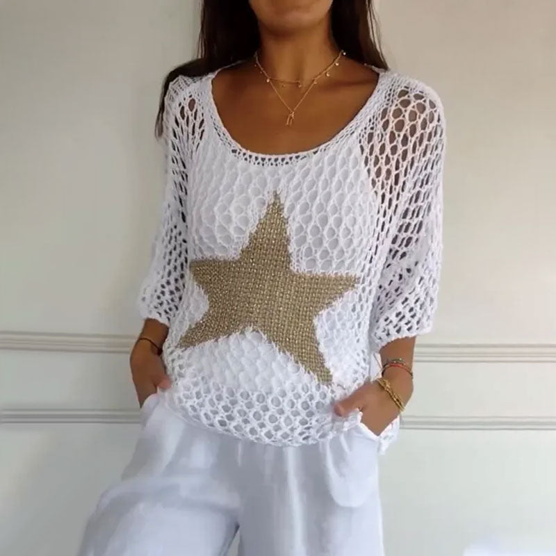 Women's Crochet Knit Fishnet Top Round Neck Stylish Summer Tee