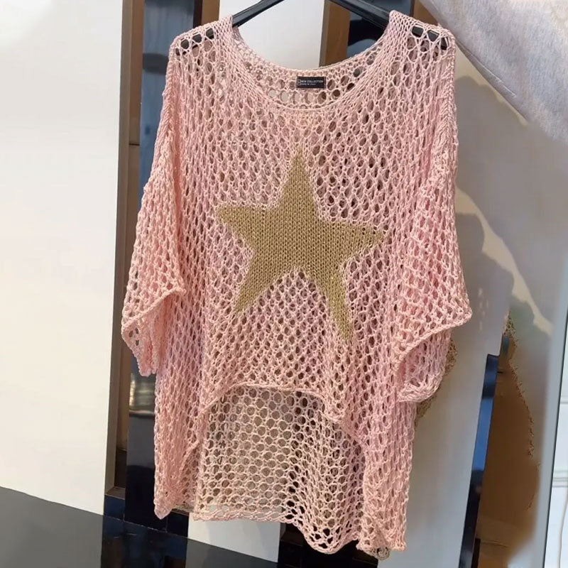 Women's Crochet Knit Fishnet Top Round Neck Stylish Summer Tee