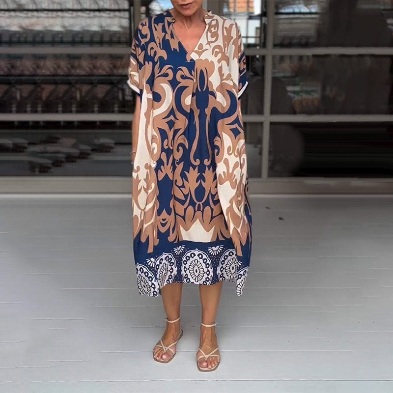 Printed V-neck Midi Dress Loose Fit Stylish Printed Design