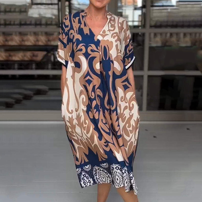 Printed V-neck Midi Dress Loose Fit Stylish Printed Design