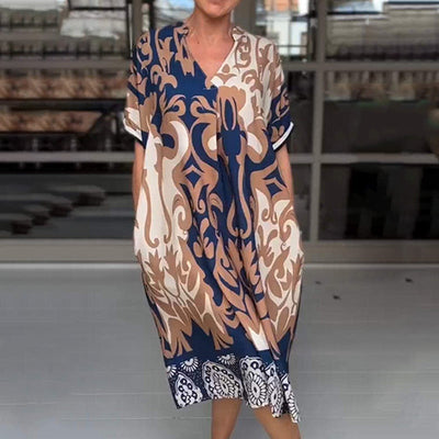 Printed V-neck Midi Dress Loose Fit Stylish Printed Design