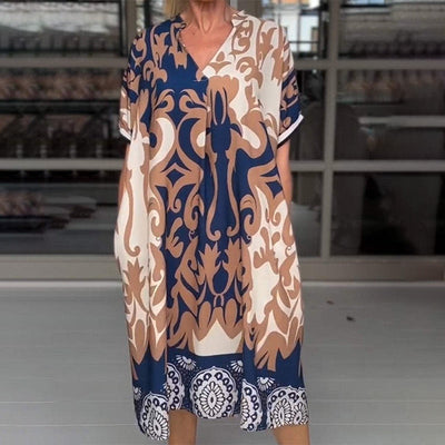 Printed V-neck Midi Dress Loose Fit Stylish Printed Design
