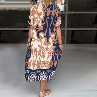 Printed V-neck Midi Dress Loose Fit Stylish Printed Design