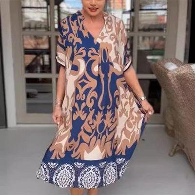 Printed V-neck Midi Dress Loose Fit Stylish Printed Design