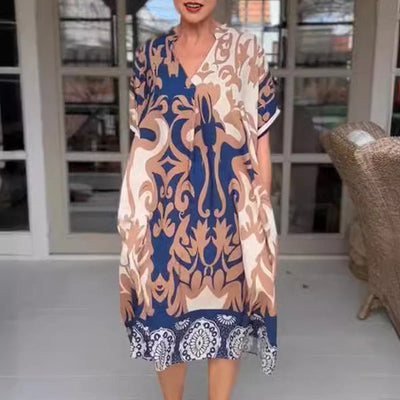 Printed V-neck Midi Dress Loose Fit Stylish Printed Design