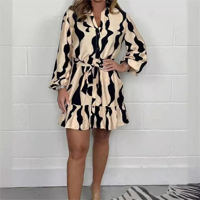 Casual Irregular Stripe Lapel Tie Waist Shirt Dress For Women