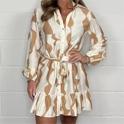 Casual Irregular Stripe Lapel Tie Waist Shirt Dress For Women