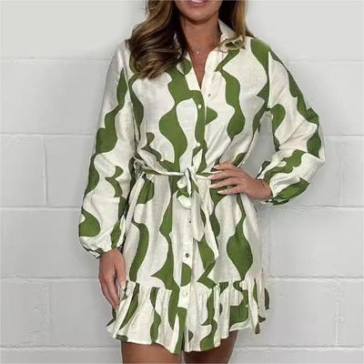 Casual Irregular Stripe Lapel Tie Waist Shirt Dress For Women