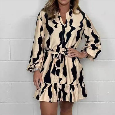 Casual Irregular Stripe Lapel Tie Waist Shirt Dress For Women