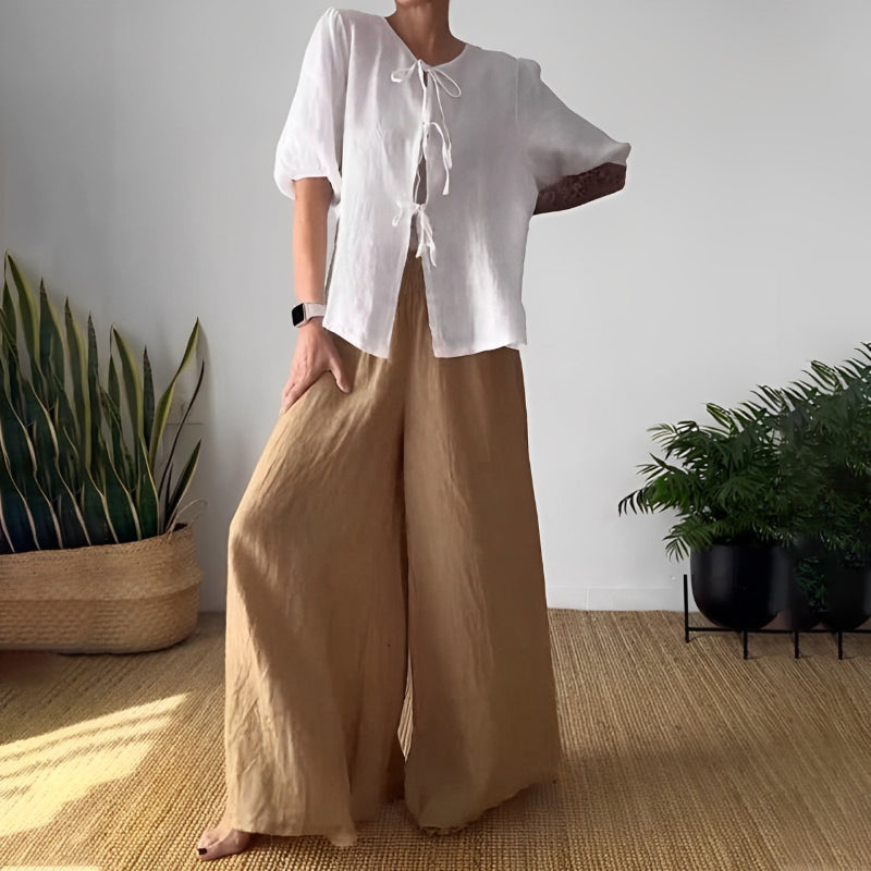 Women's Two Piece Outfit Tie Front Top And Pants Set
