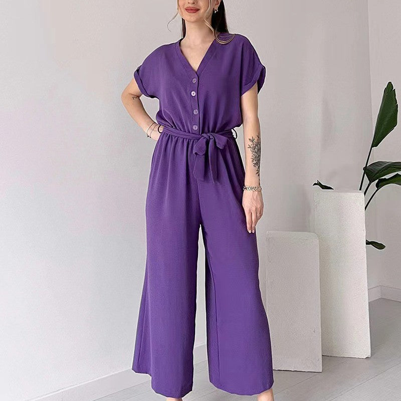 Women's V Neck Casual Jumpsuit Short Sleeve Summer Outfit