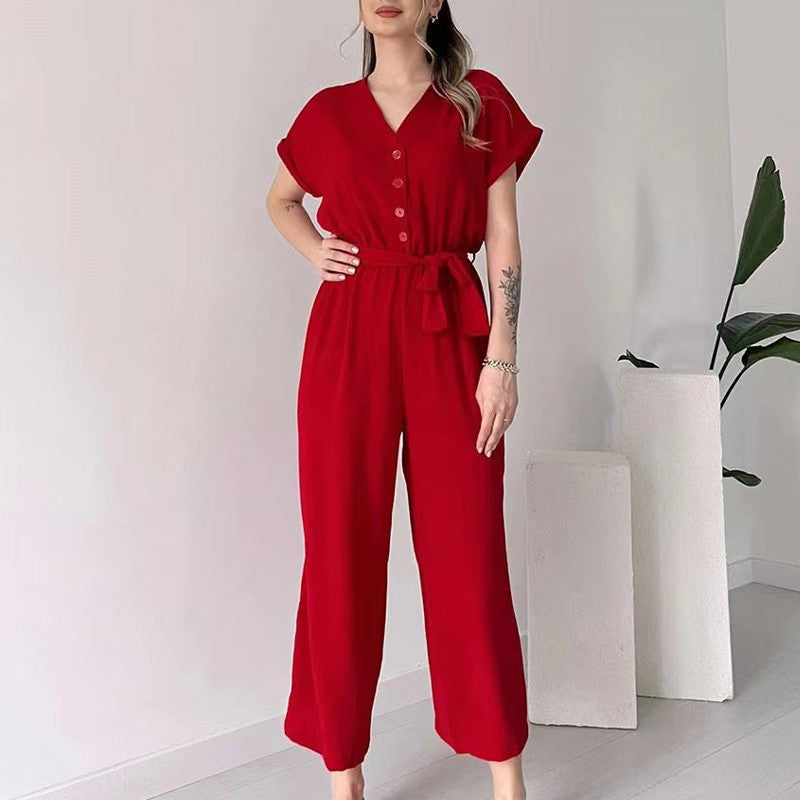 Women's V Neck Casual Jumpsuit Short Sleeve Summer Outfit
