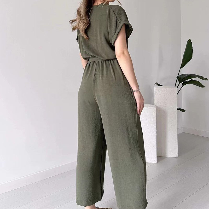 Women's V Neck Casual Jumpsuit Short Sleeve Summer Outfit
