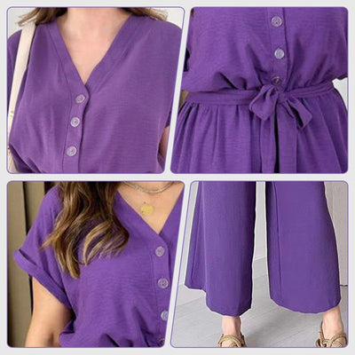 Women's V Neck Casual Jumpsuit Short Sleeve Summer Outfit