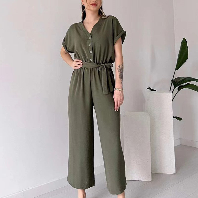 Women's V Neck Casual Jumpsuit Short Sleeve Summer Outfit