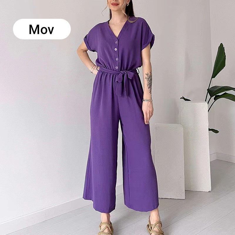 Women's V Neck Casual Jumpsuit Short Sleeve Summer Outfit
