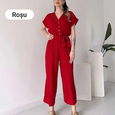 Women's V Neck Casual Jumpsuit Short Sleeve Summer Outfit