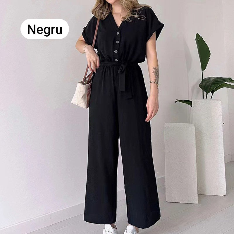 Women's V Neck Casual Jumpsuit Short Sleeve Summer Outfit