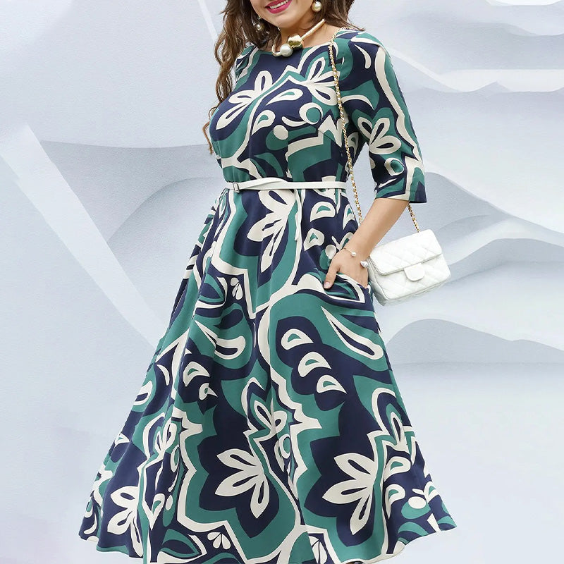 Printed Belted Long Dress With Round Neck For Women