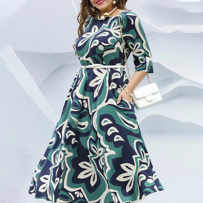 Printed Belted Long Dress With Round Neck For Women