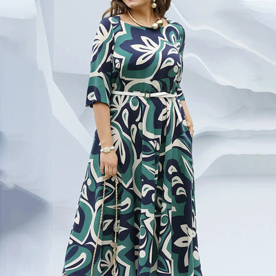 Printed Belted Long Dress With Round Neck For Women