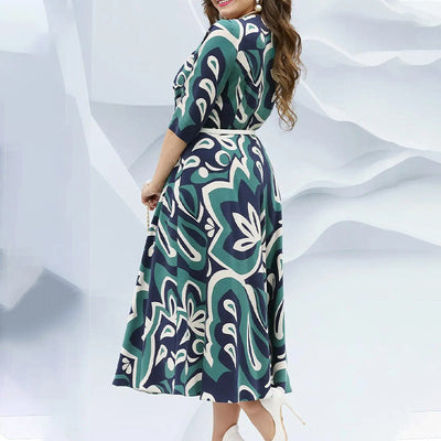 Printed Belted Long Dress With Round Neck For Women