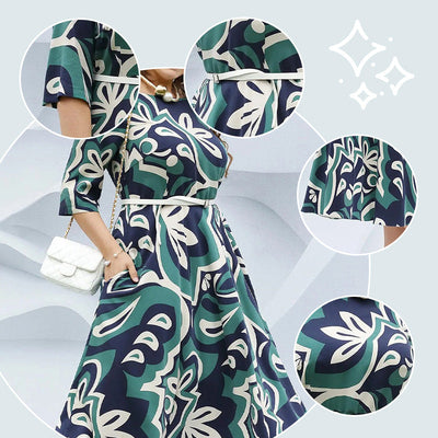 Printed Belted Long Dress With Round Neck For Women