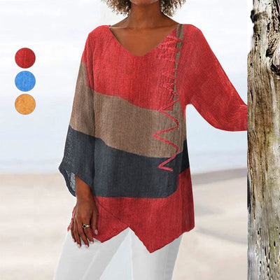 Women's Casual V-Neck Top Long Sleeve Artistic Pattern Print