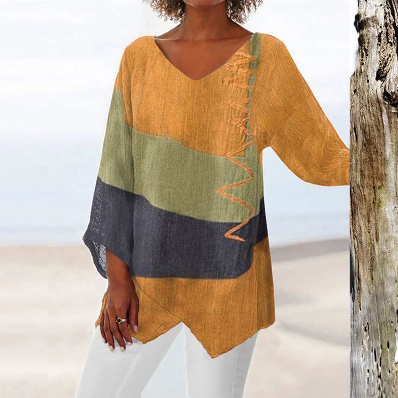 Women's Casual V-Neck Top Long Sleeve Artistic Pattern Print