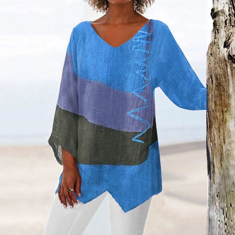 Women's Casual V-Neck Top Long Sleeve Artistic Pattern Print