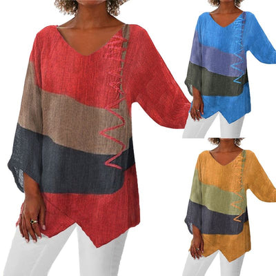 Women's Casual V-Neck Top Long Sleeve Artistic Pattern Print