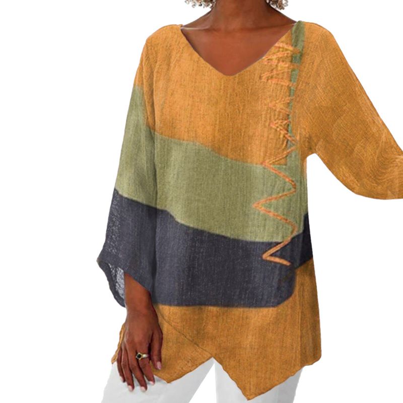 Women's Casual V-Neck Top Long Sleeve Artistic Pattern Print