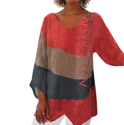 Women's Casual V-Neck Top Long Sleeve Artistic Pattern Print