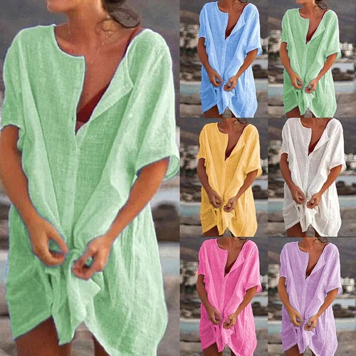 Women's Summer Cotton Shirt Casual Loose Short Sleeve Top