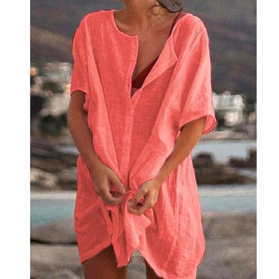 Women's Summer Cotton Shirt Casual Loose Short Sleeve Top