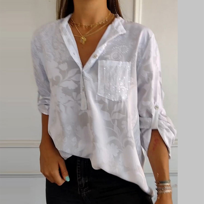 Women's Casual Lapel Printed Top With Adjustable Sleeves Stylish Design