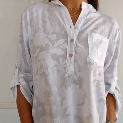 Women's Casual Lapel Printed Top With Adjustable Sleeves Stylish Design
