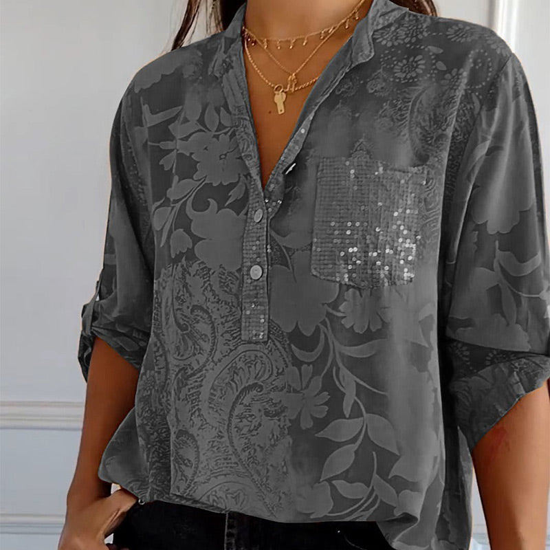 Women's Casual Lapel Printed Top With Adjustable Sleeves Stylish Design
