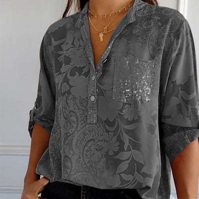 Women's Casual Lapel Printed Top With Adjustable Sleeves Stylish Design