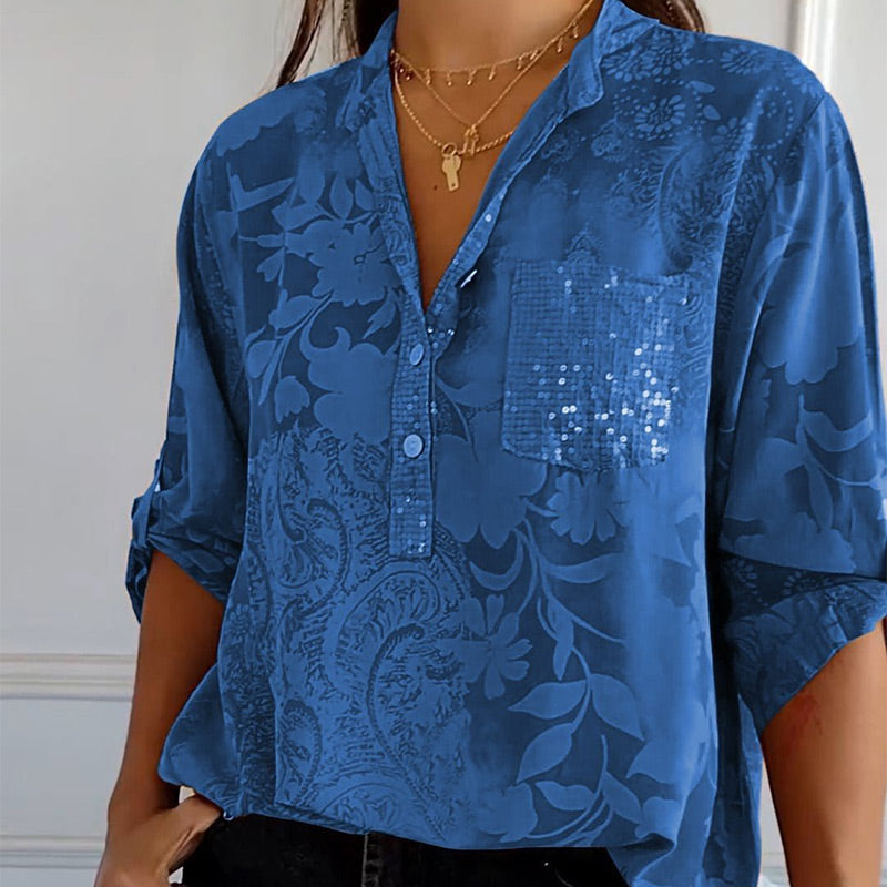 Women's Casual Lapel Printed Top With Adjustable Sleeves Stylish Design